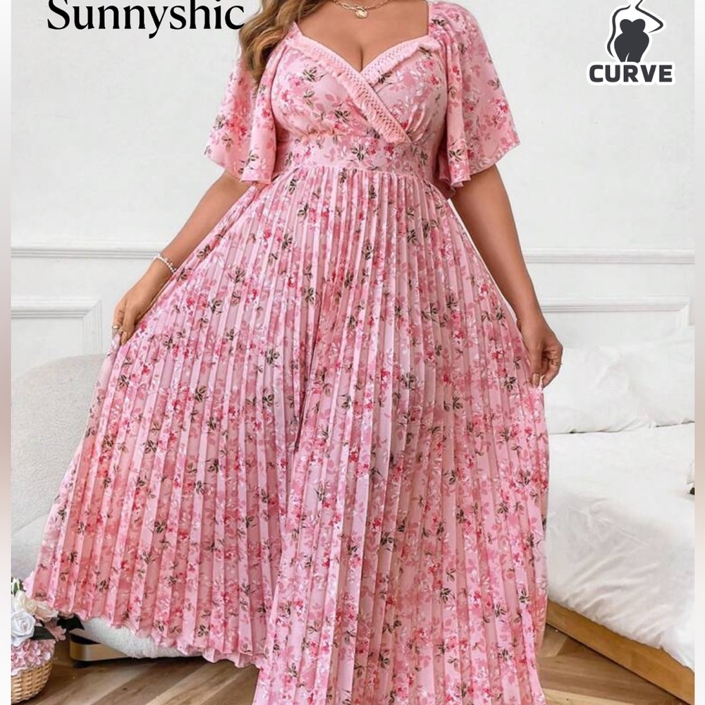 SHEIN Pink Floral Pleated A-Line Dress
